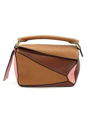 Loewe Puzzle Bag Mini Tricolor Soft Grain Calfskin Handbag Brown Pink